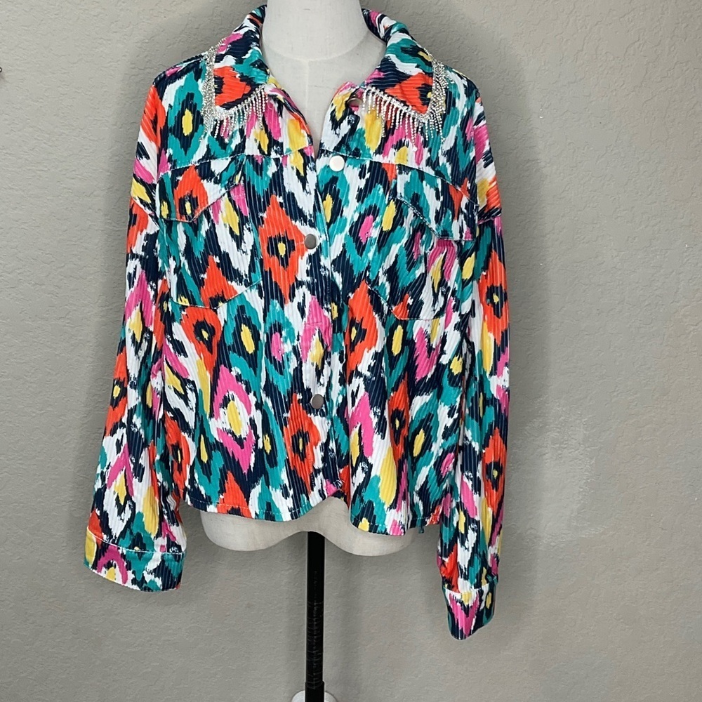 285 - Savanna Jane NWT Multicolor Rhinestone Fringe Jean Jacket Size Medium